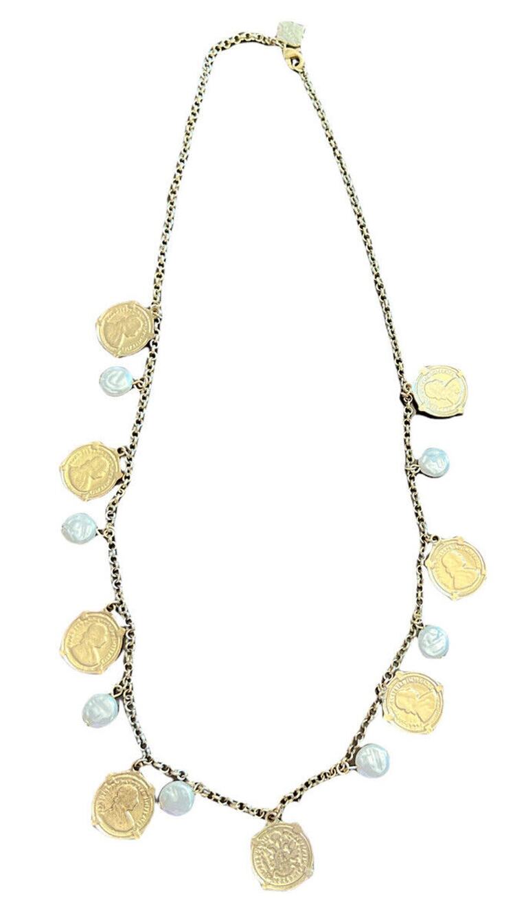 FORNASH Matte Gold Coin Necklace And Faux Pearl Round Charms 31”